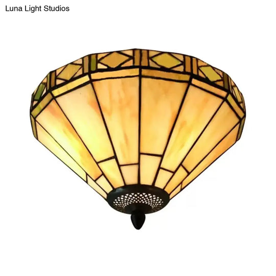 White Stained Glass Ceiling Light 2-Light Medium Flush Mount With Tiffany Style Cone Shade