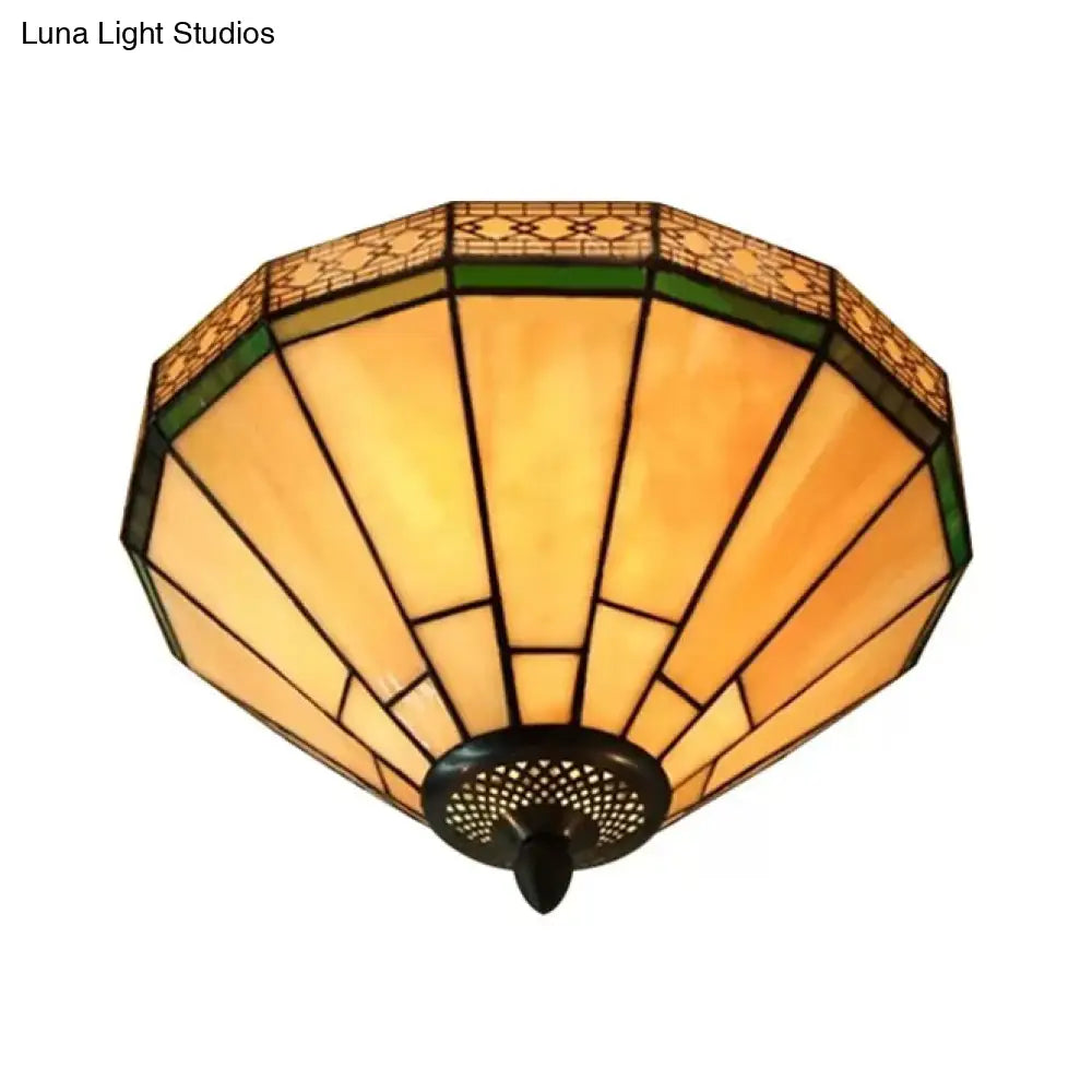 White Stained Glass Ceiling Light 2-Light Medium Flush Mount With Tiffany Style Cone Shade