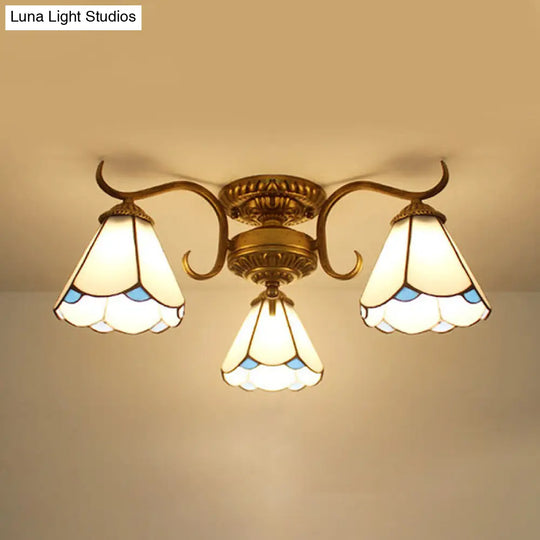 White Stained Glass Ceiling Light With Leaf/Flower/Diamond Pattern - 3-Light Semi Flushmount /