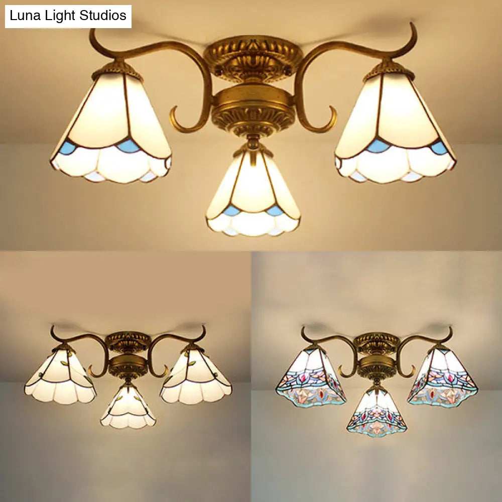 White Stained Glass Ceiling Light With Leaf/Flower/Diamond Pattern - 3-Light Semi Flushmount