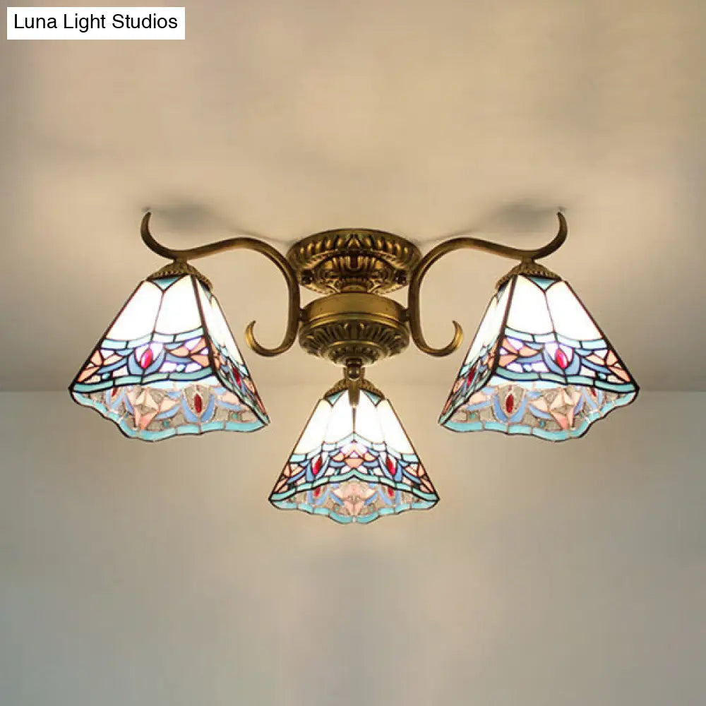 White Stained Glass Ceiling Light With Leaf/Flower/Diamond Pattern - 3-Light Semi Flushmount /