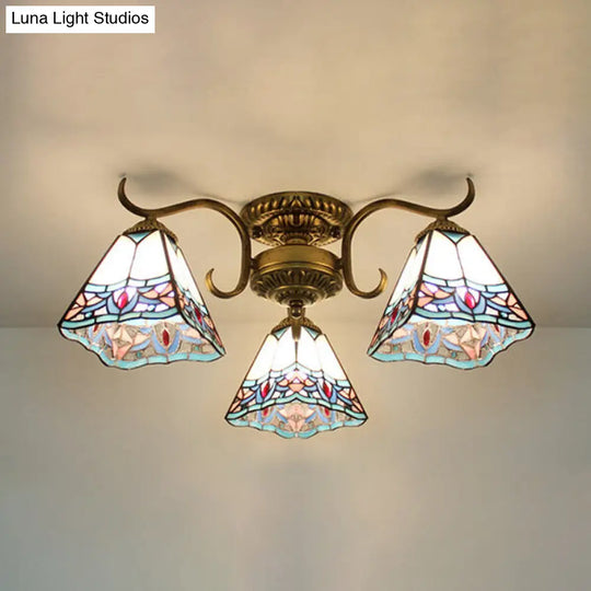 White Stained Glass Ceiling Light With Leaf/Flower/Diamond Pattern - 3-Light Semi Flushmount /