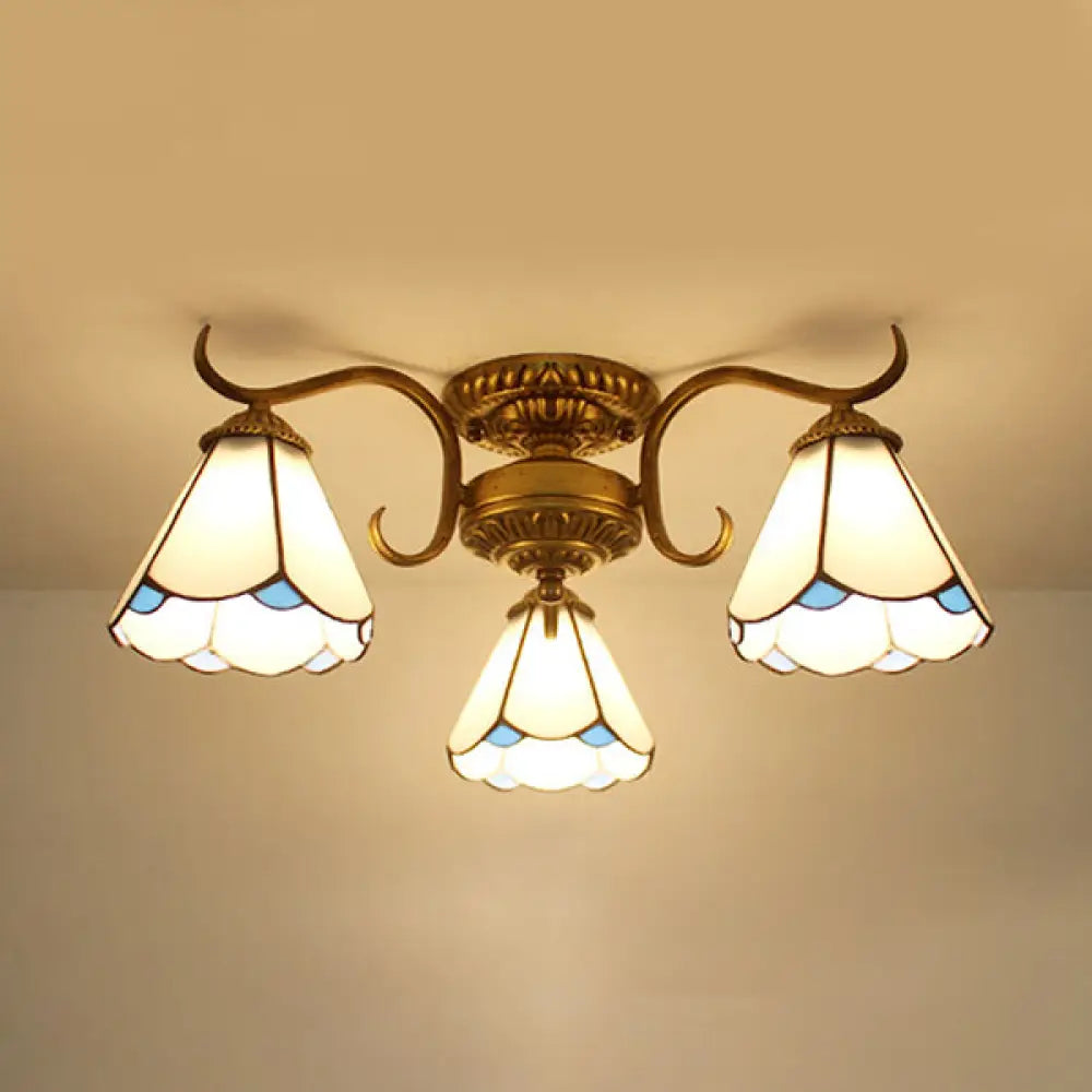 White Stained Glass Ceiling Light With Leaf/Flower/Diamond Pattern - 3-Light Semi Flushmount /