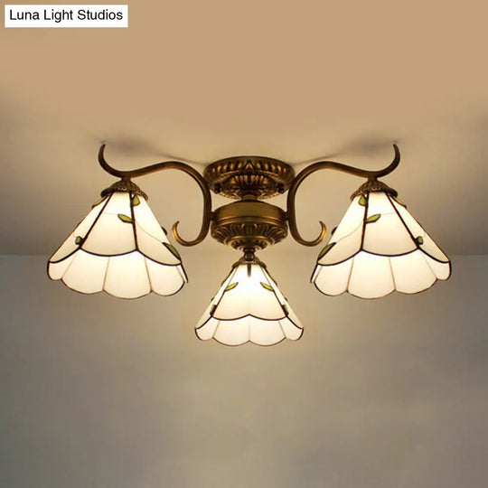 White Stained Glass Ceiling Light With Leaf/Flower/Diamond Pattern - 3-Light Semi Flushmount / Leaf