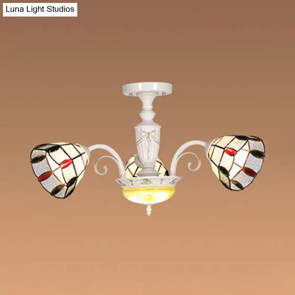 White Stained Glass Chandelier With Bead Decoration - 3-Light Dome Ceiling Light For Dining Room