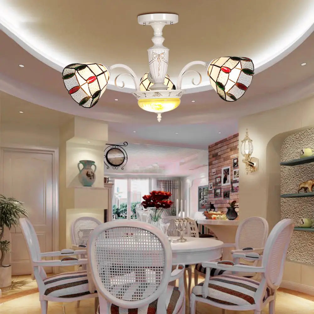 White Stained Glass Chandelier With Bead Decoration - 3 - Light Dome Ceiling Light For Dining Room