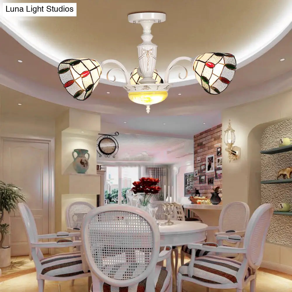 White Stained Glass Chandelier With Bead Decoration - 3-Light Dome Ceiling Light For Dining Room