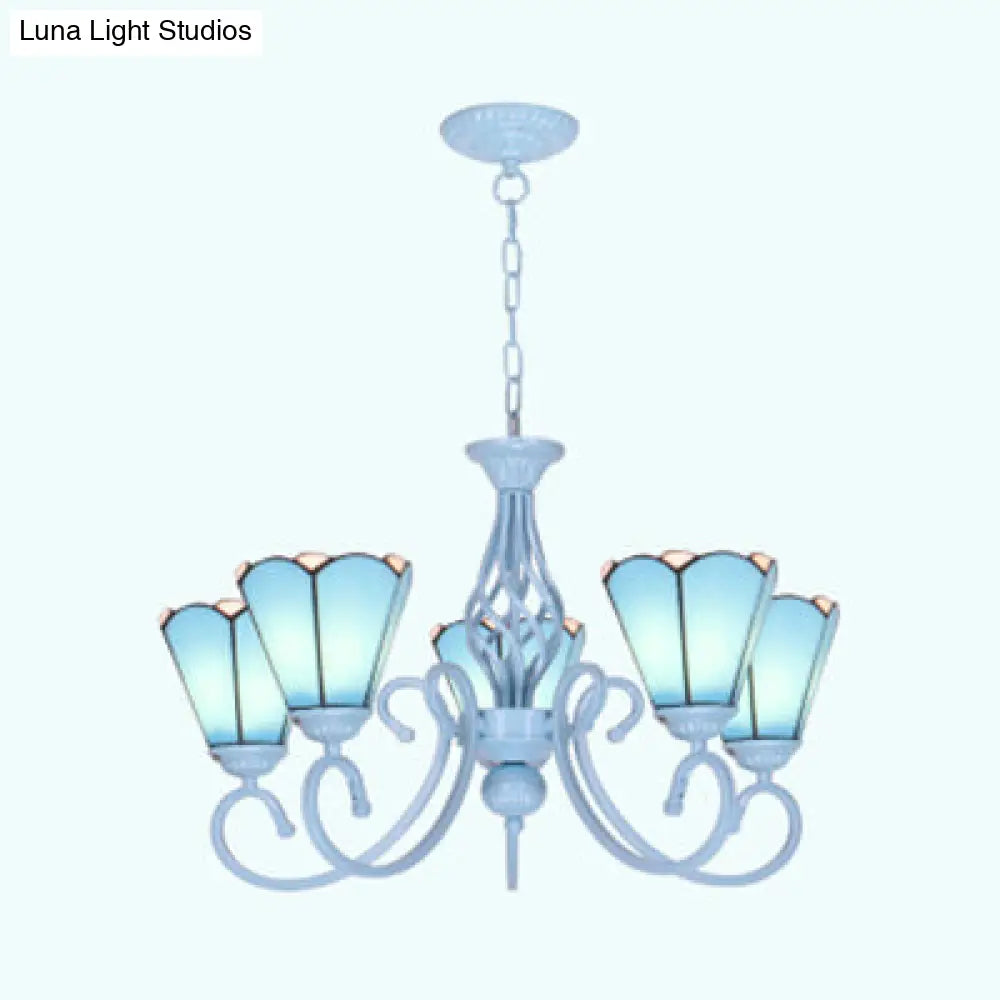 Tiffany Stained Glass Chandelier - Conical Design Metal Chain & Curved Arms 5/6 Lights White Pendant