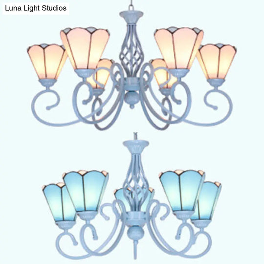 Tiffany Stained Glass Chandelier - Conical Design Metal Chain & Curved Arms 5/6 Lights White Pendant