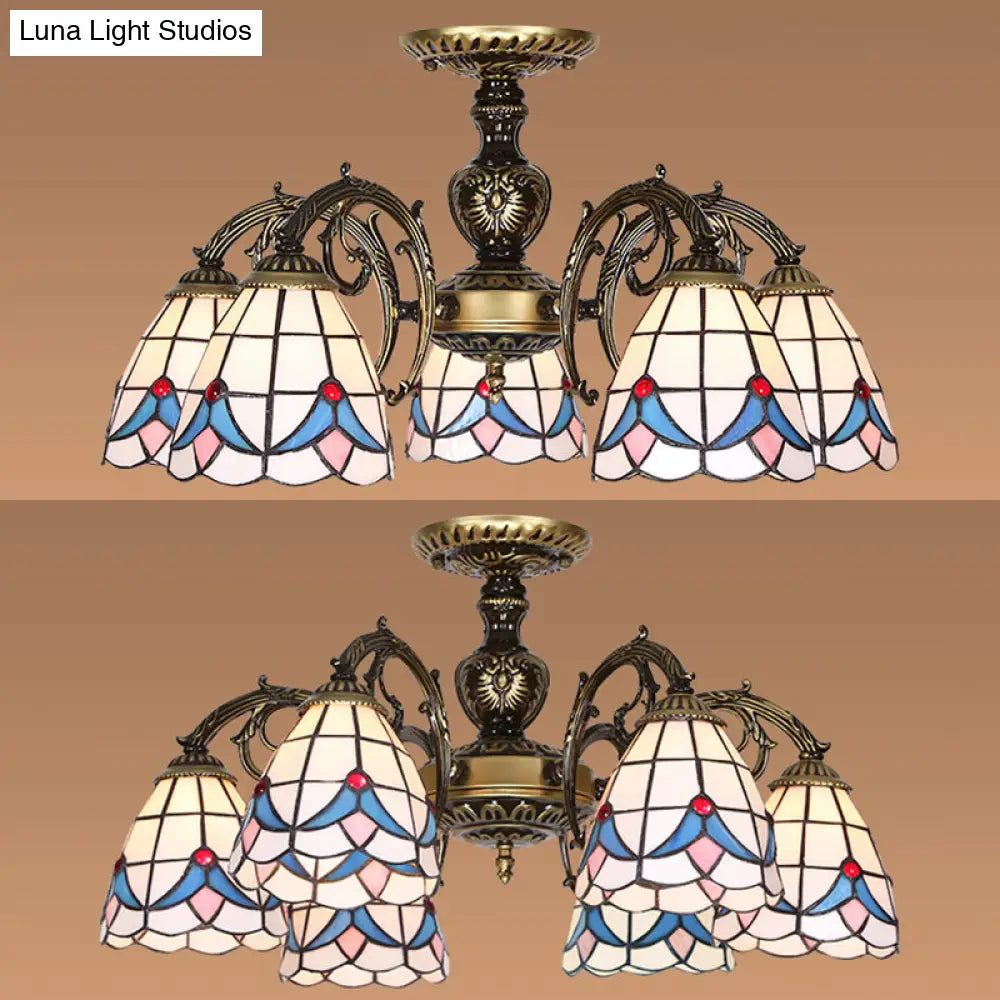 White Stained Glass Magnolia Ceiling Light - Lodge Style Chandelier With 3/5/6 Lights