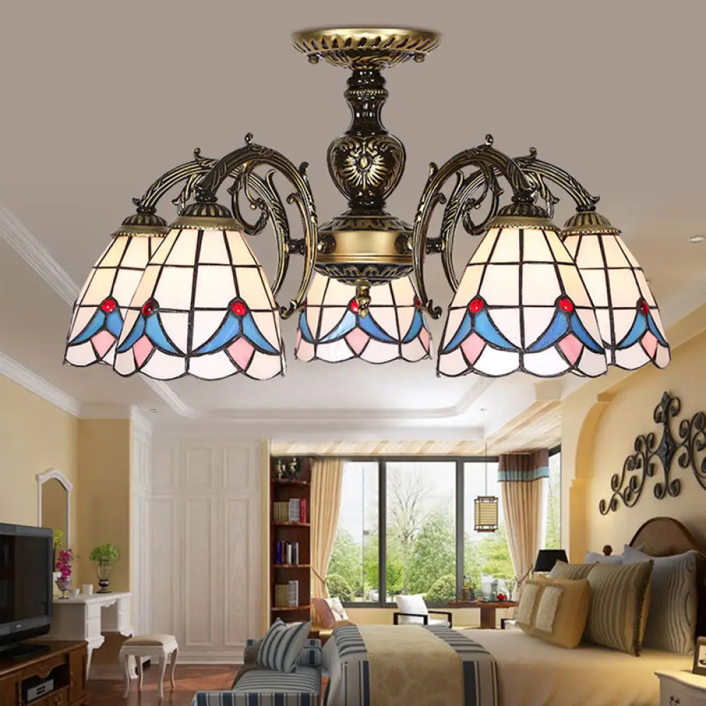 White Stained Glass Magnolia Ceiling Light - Lodge Style Chandelier With 3/5/6 Lights 5 /