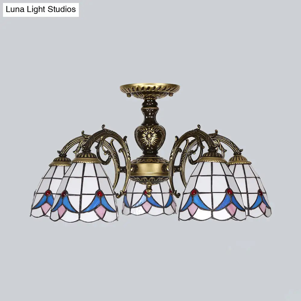 White Stained Glass Magnolia Ceiling Light - Lodge Style Chandelier With 3/5/6 Lights