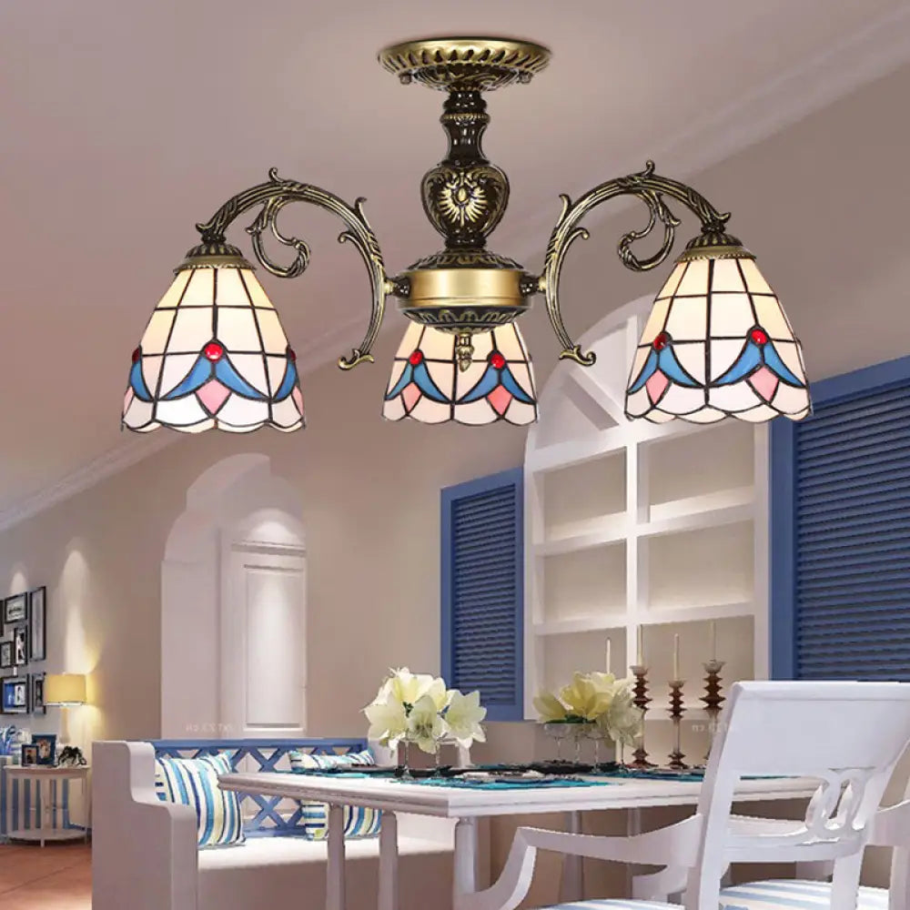 White Stained Glass Magnolia Ceiling Light - Lodge Style Chandelier With 3/5/6 Lights 3 /