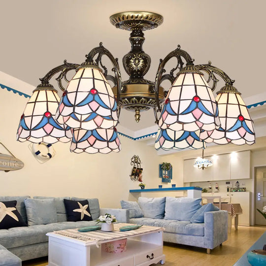 White Stained Glass Magnolia Ceiling Light - Lodge Style Chandelier With 3/5/6 Lights 6 /