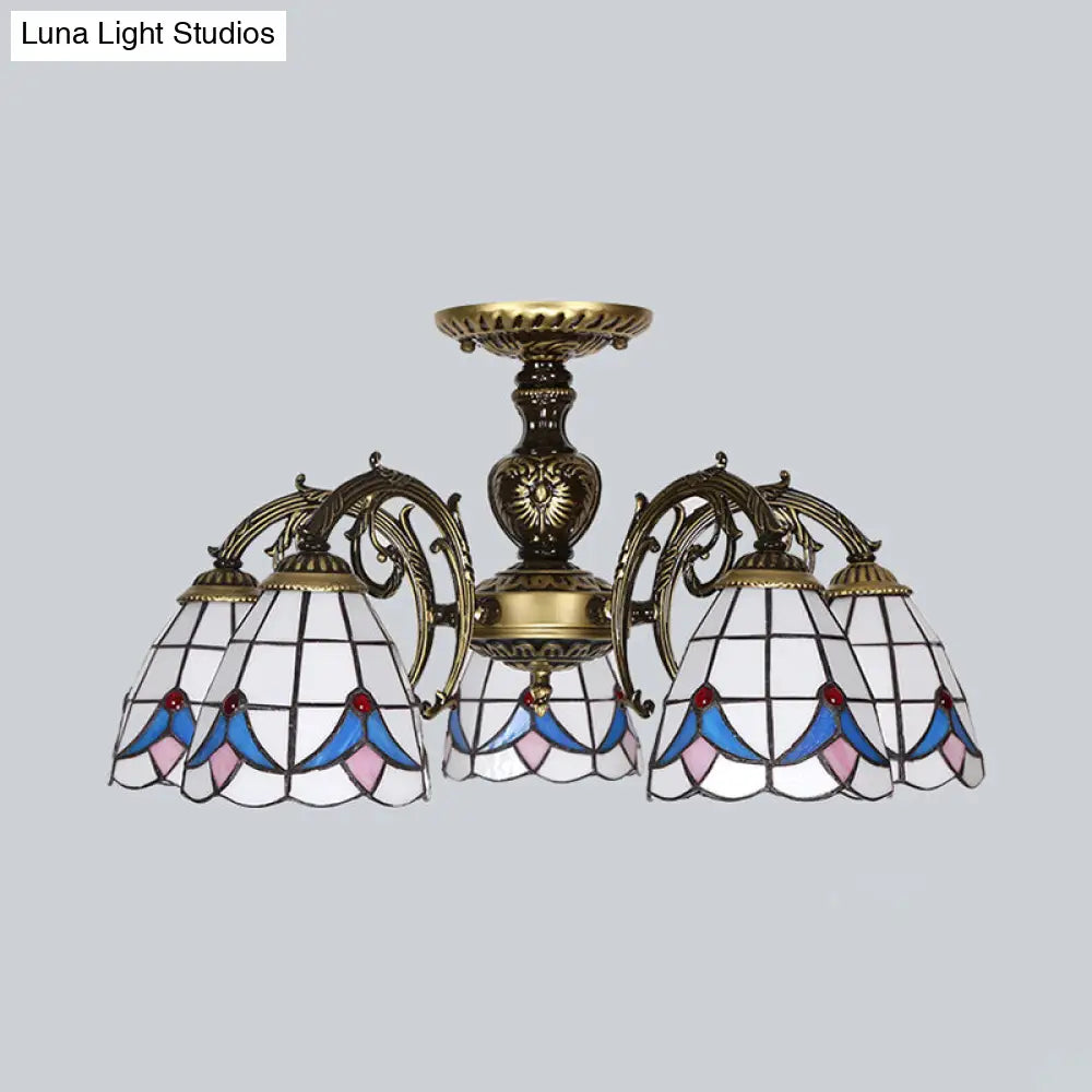 White Stained Glass Magnolia Ceiling Light - Lodge Style Chandelier With 3/5/6 Lights