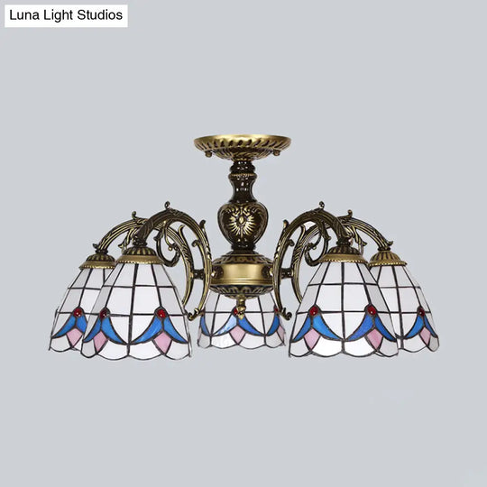 White Stained Glass Magnolia Ceiling Light - Lodge Style Chandelier With 3/5/6 Lights