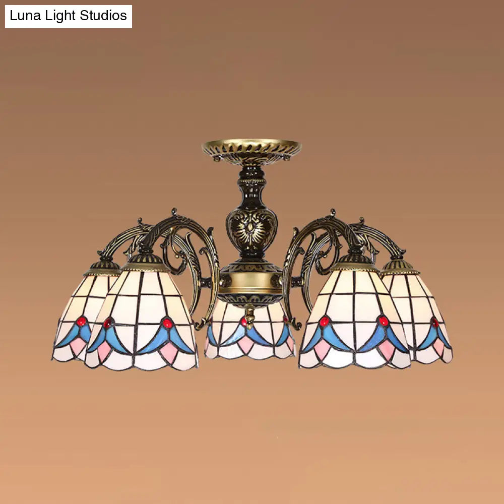 White Stained Glass Magnolia Ceiling Light - Lodge Style Chandelier With 3/5/6 Lights