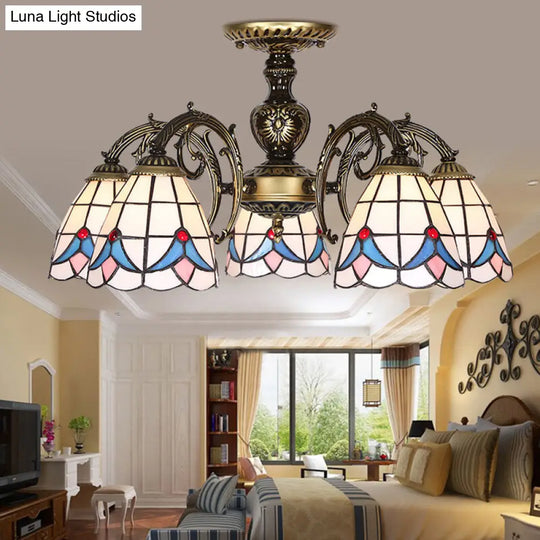 White Stained Glass Magnolia Ceiling Light - Lodge Style Chandelier With 3/5/6 Lights 5 /