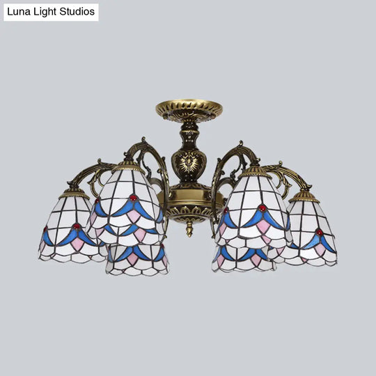 White Stained Glass Magnolia Ceiling Light - Lodge Style Chandelier With 3/5/6 Lights