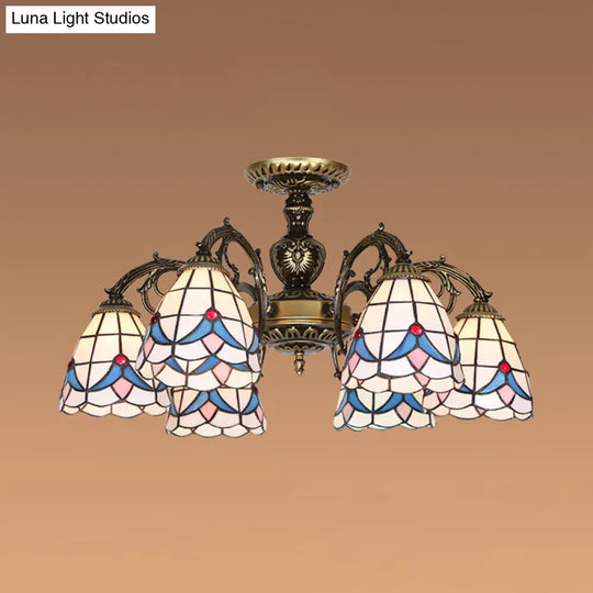 White Stained Glass Magnolia Ceiling Light - Lodge Style Chandelier With 3/5/6 Lights