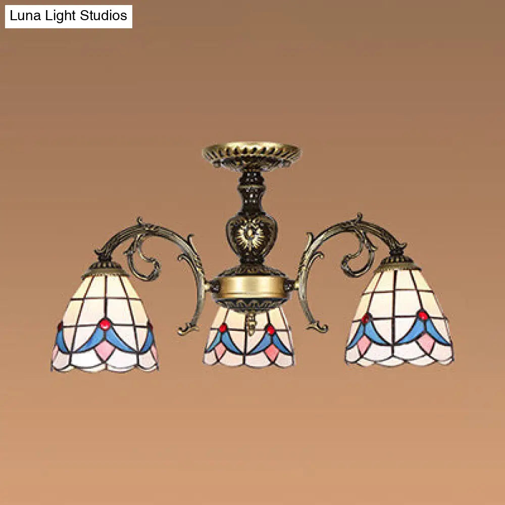 White Stained Glass Magnolia Ceiling Light - Lodge Style Chandelier With 3/5/6 Lights