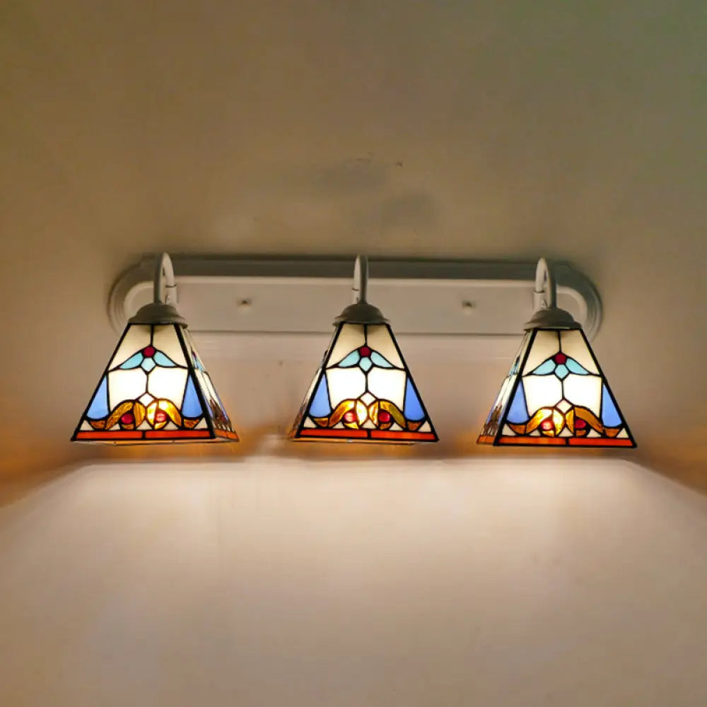 White Stained Glass Sconce Lighting - Tiffany Pyramid 3-Head Wall Fixture