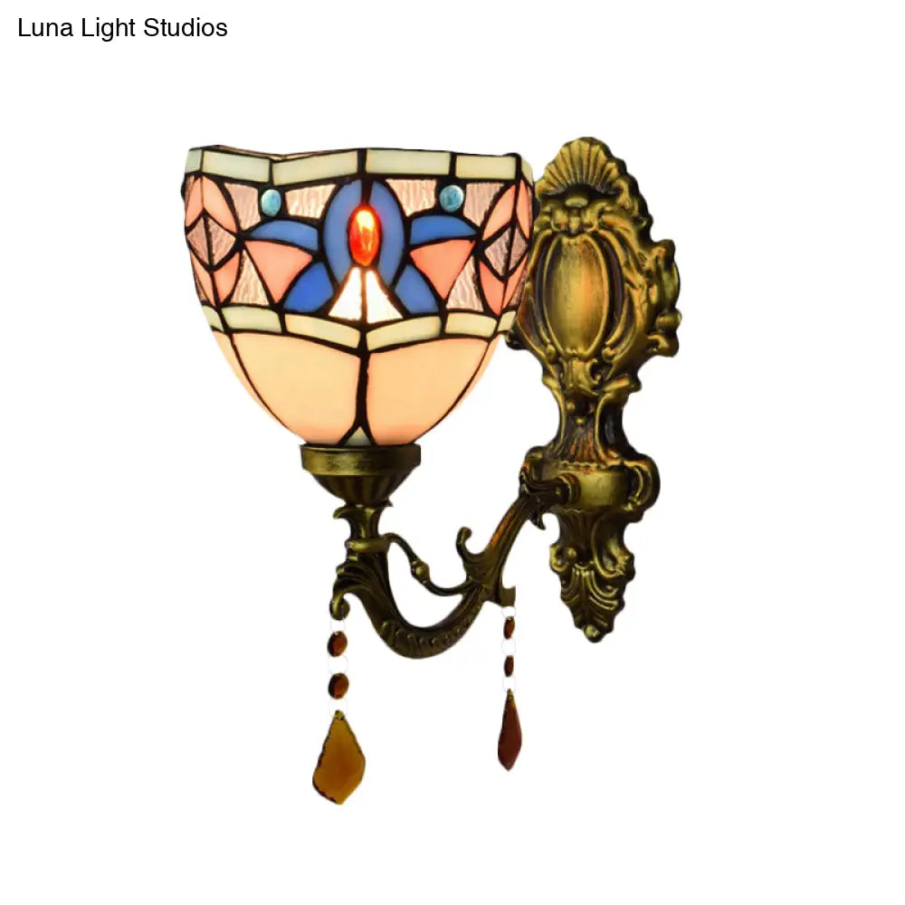 White Stained Glass Wall Sconce - Tiffany Classic Design With Agate Accent Bedroom Lamp