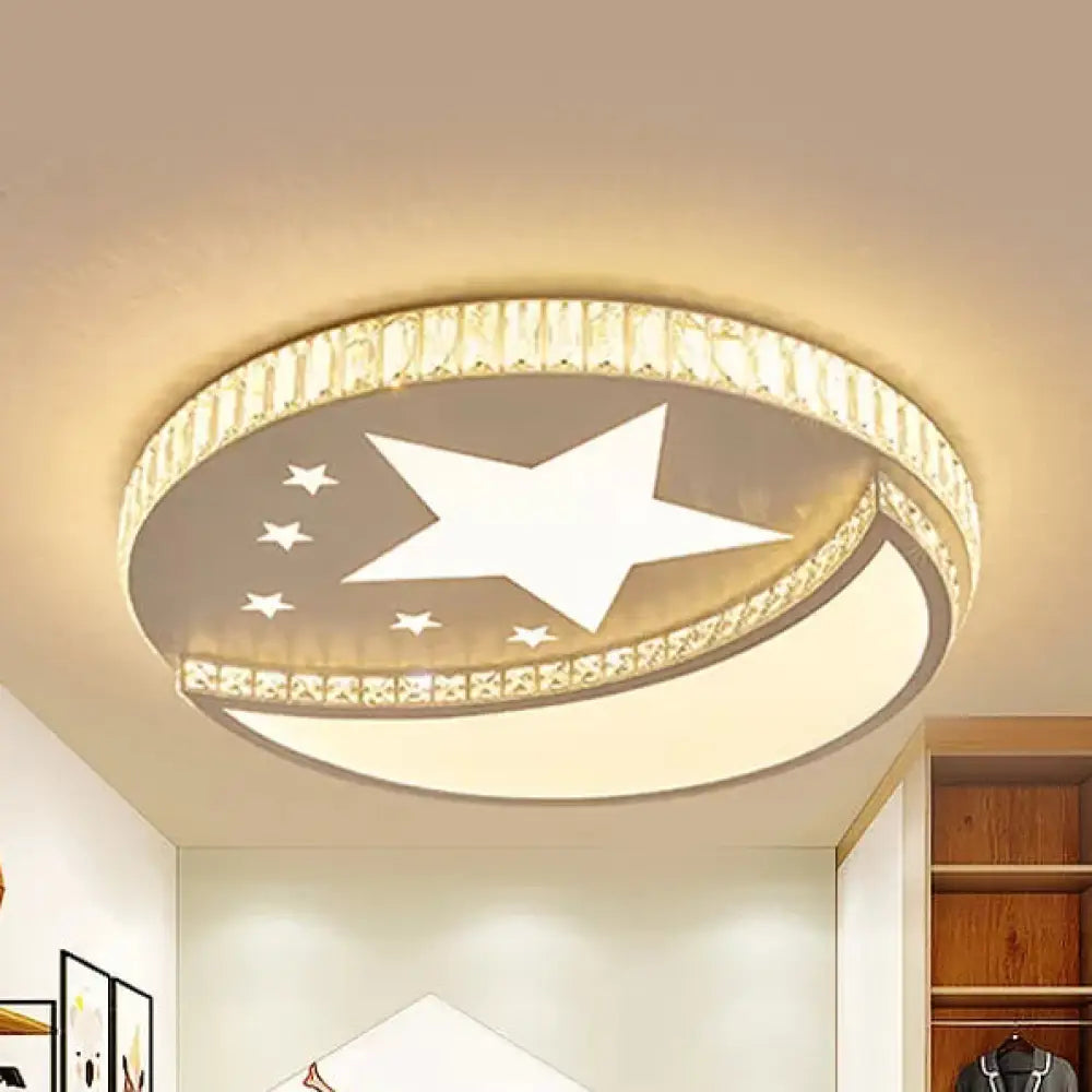 White Star And Moon Ceiling Light – Crystal Accent Acrylic Led Lamp For Study Room