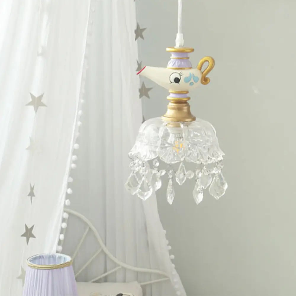 White Teapot Pendant Kids Light - Clear Glass Hanging Ceiling For Bedroom 1 /