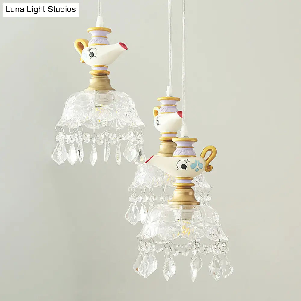 White Teapot Pendant Kids Light - Clear Glass Hanging Ceiling For Bedroom