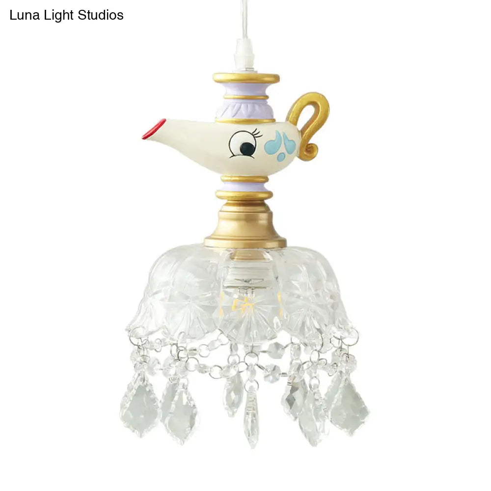 White Teapot Pendant Kids Light - Clear Glass Hanging Ceiling For Bedroom