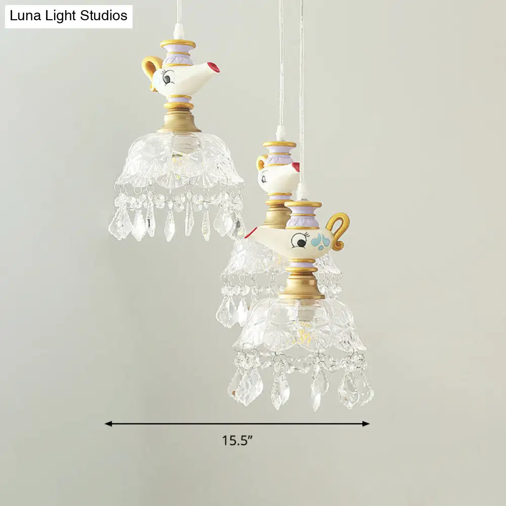 White Teapot Pendant Kids Light - Clear Glass Hanging Ceiling For Bedroom