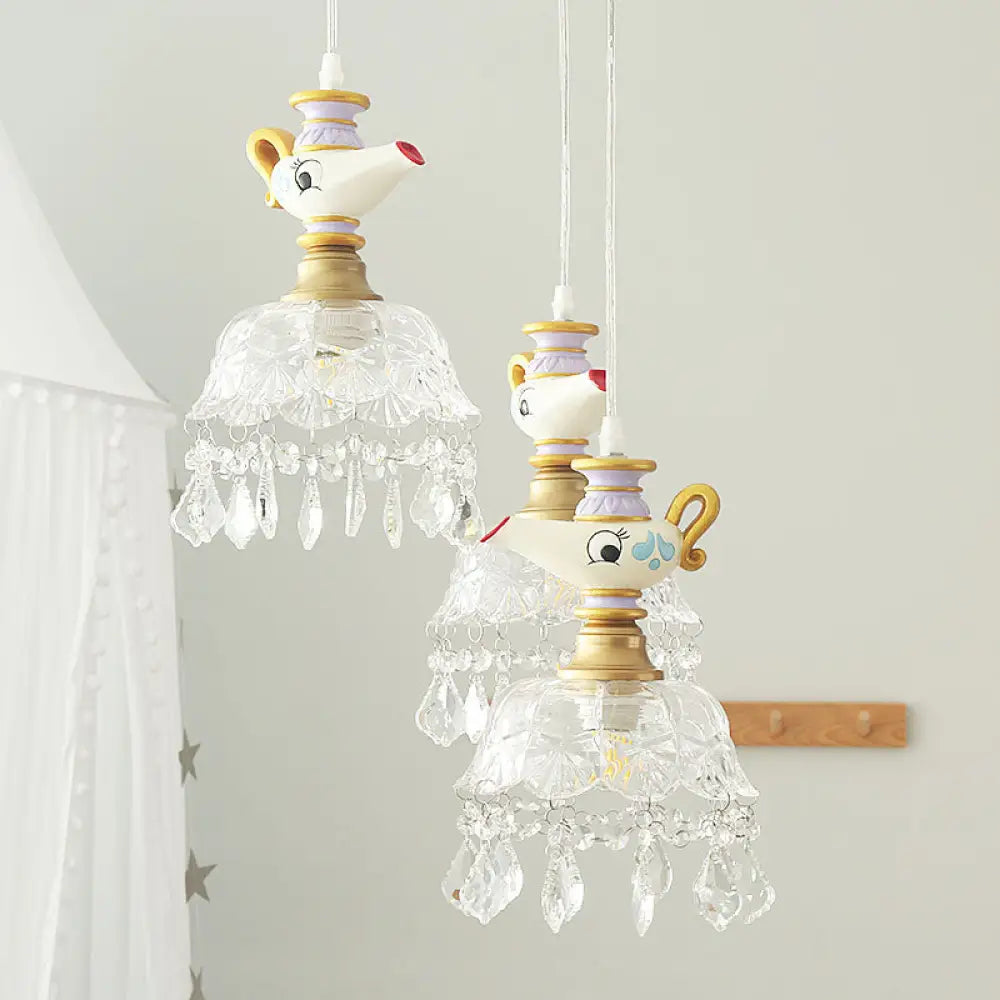 White Teapot Pendant Kids Light - Clear Glass Hanging Ceiling For Bedroom 4 /