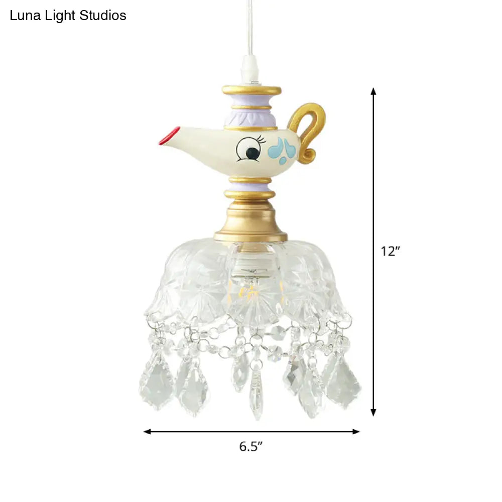 White Teapot Pendant Kids Light - Clear Glass Hanging Ceiling For Bedroom