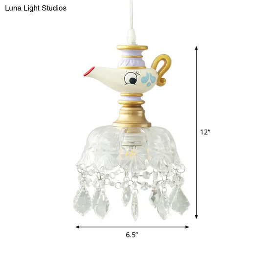 White Teapot Pendant Kids Light - Clear Glass Hanging Ceiling For Bedroom