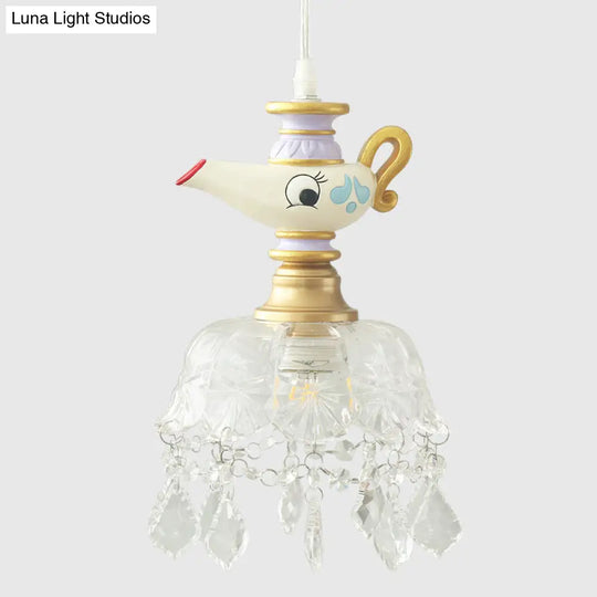 White Teapot Pendant Kids Light - Clear Glass Hanging Ceiling For Bedroom