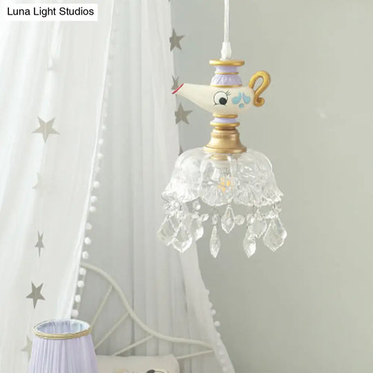 White Teapot Pendant Kids Light - Clear Glass Hanging Ceiling For Bedroom