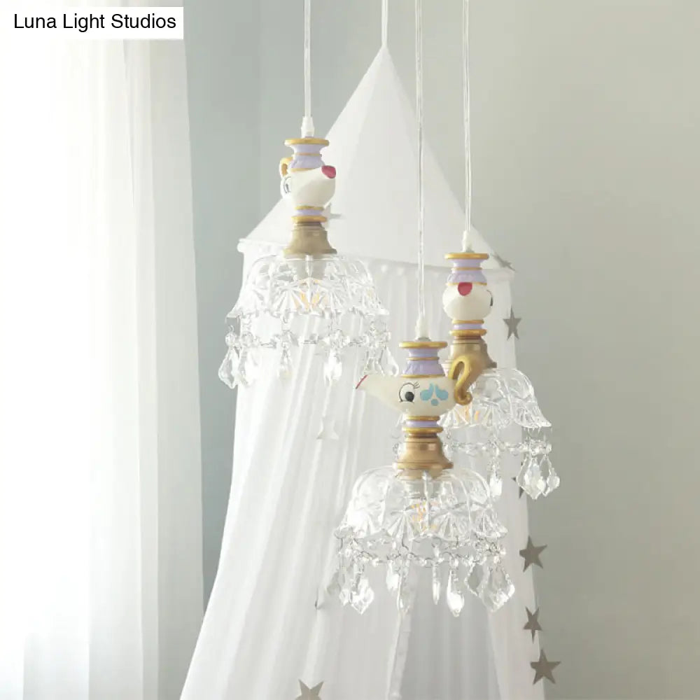 White Teapot Pendant Kids Light - Clear Glass Hanging Ceiling For Bedroom