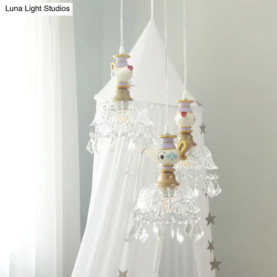 White Teapot Pendant Kids Light - Clear Glass Hanging Ceiling For Bedroom