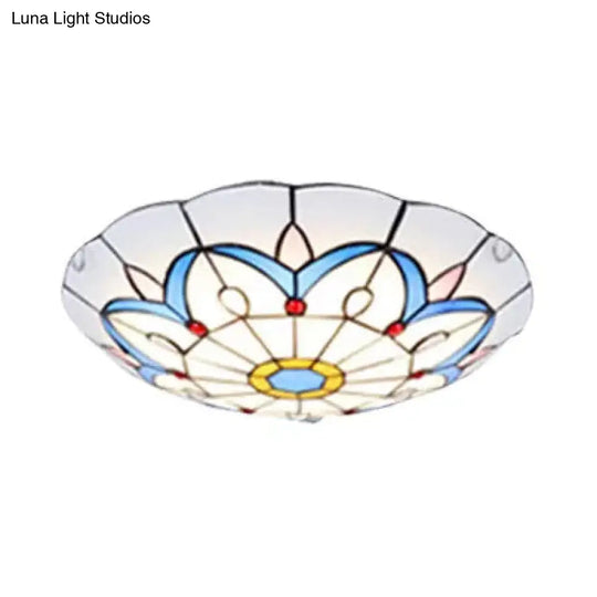 White Tiffany Ceiling Lights - 2 - Light Flush Mount Fixture With Art Glass Floral Shade And Jewel