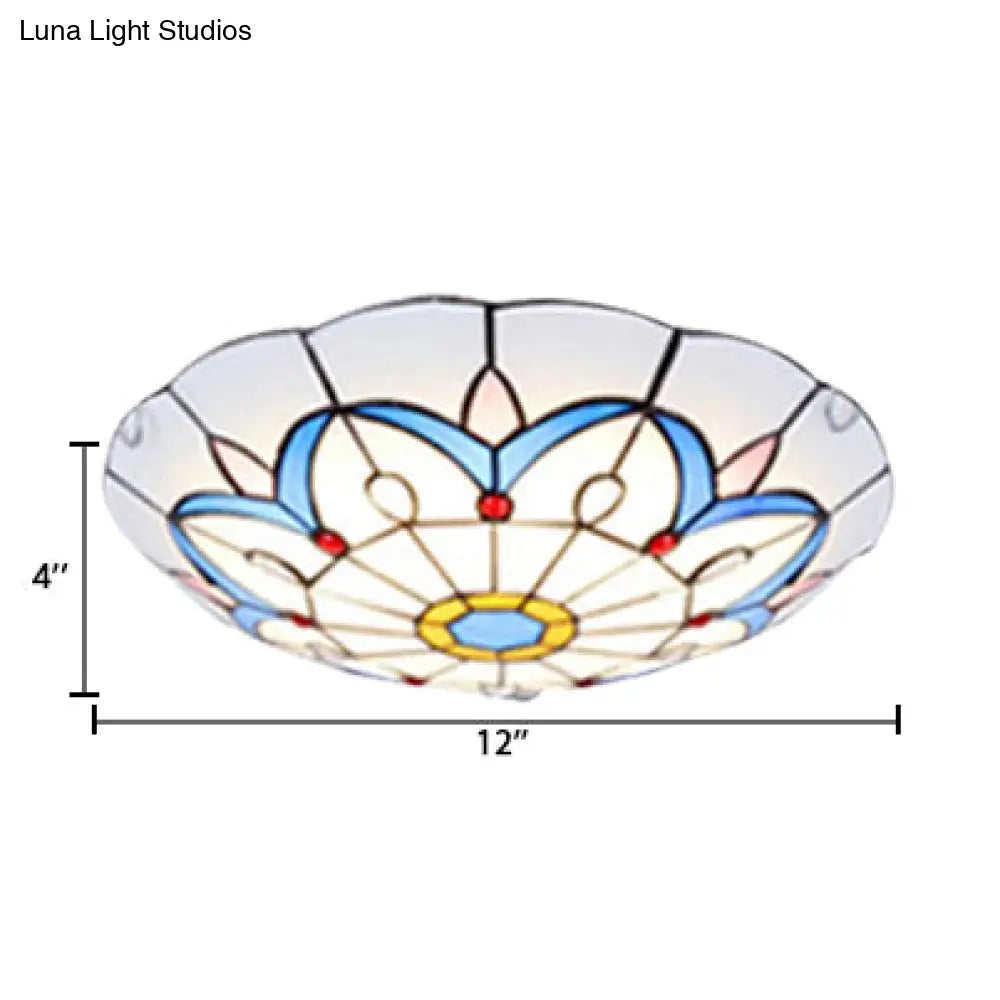 White Tiffany Ceiling Lights - 2 - Light Flush Mount Fixture With Art Glass Floral Shade And Jewel