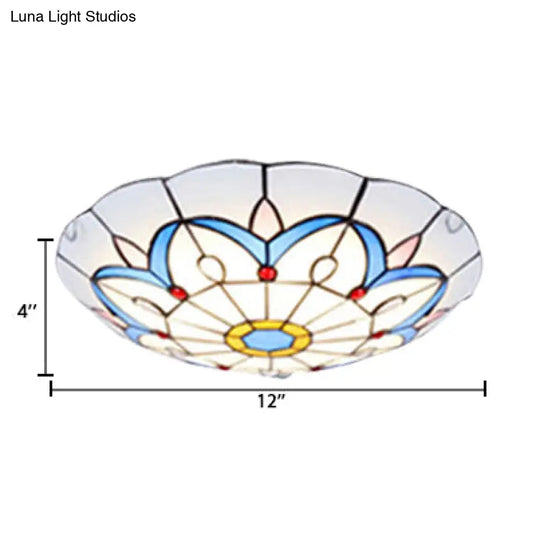 White Tiffany Ceiling Lights - 2 - Light Flush Mount Fixture With Art Glass Floral Shade And Jewel