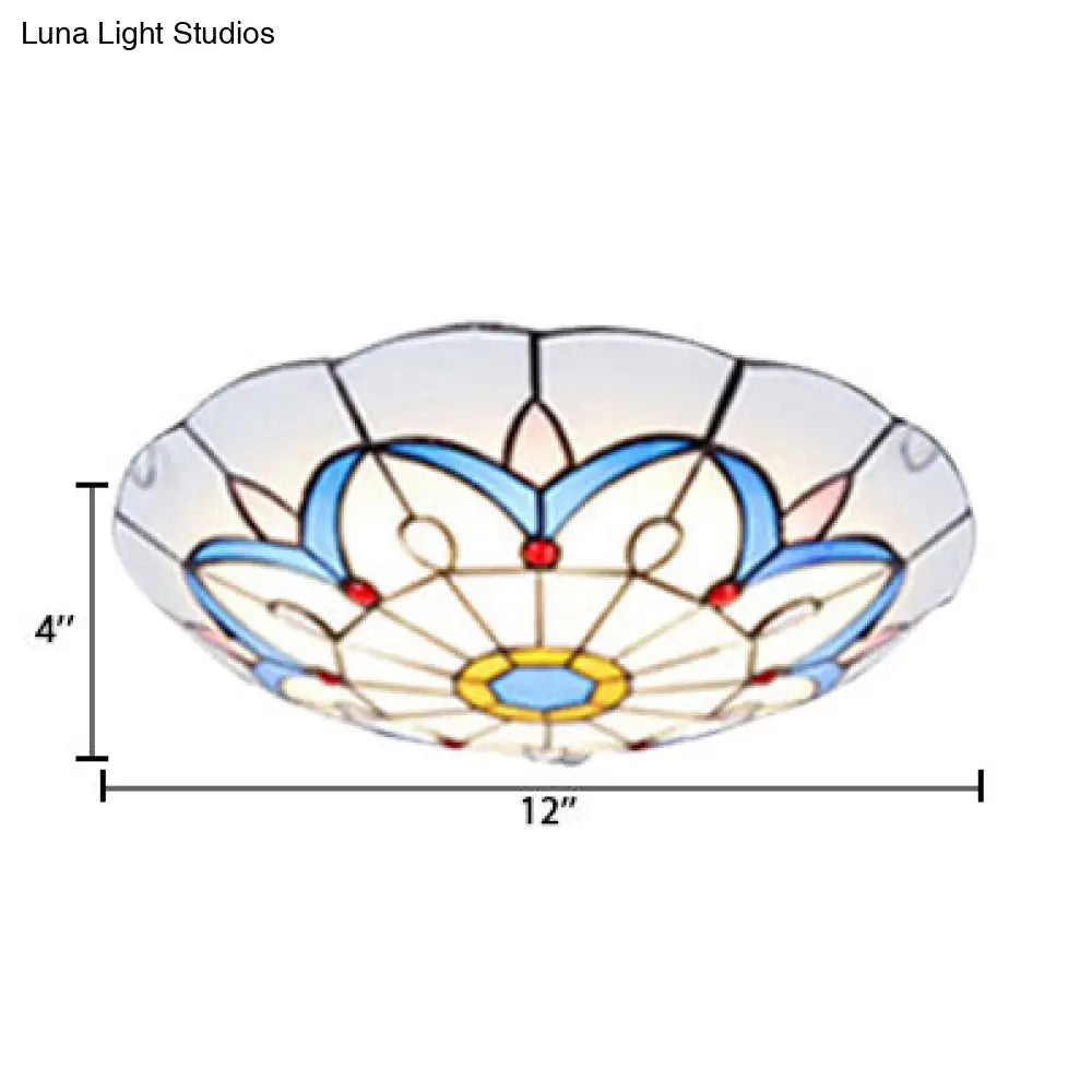 White Tiffany Ceiling Lights - 2-Light Flush Mount Fixture With Art Glass Floral Shade And Jewel