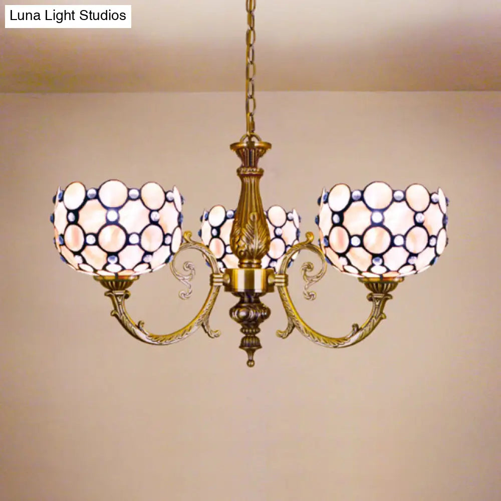 White Tiffany Style Stained Glass Chandelier- 3 Light Bowl Suspension For Living Room