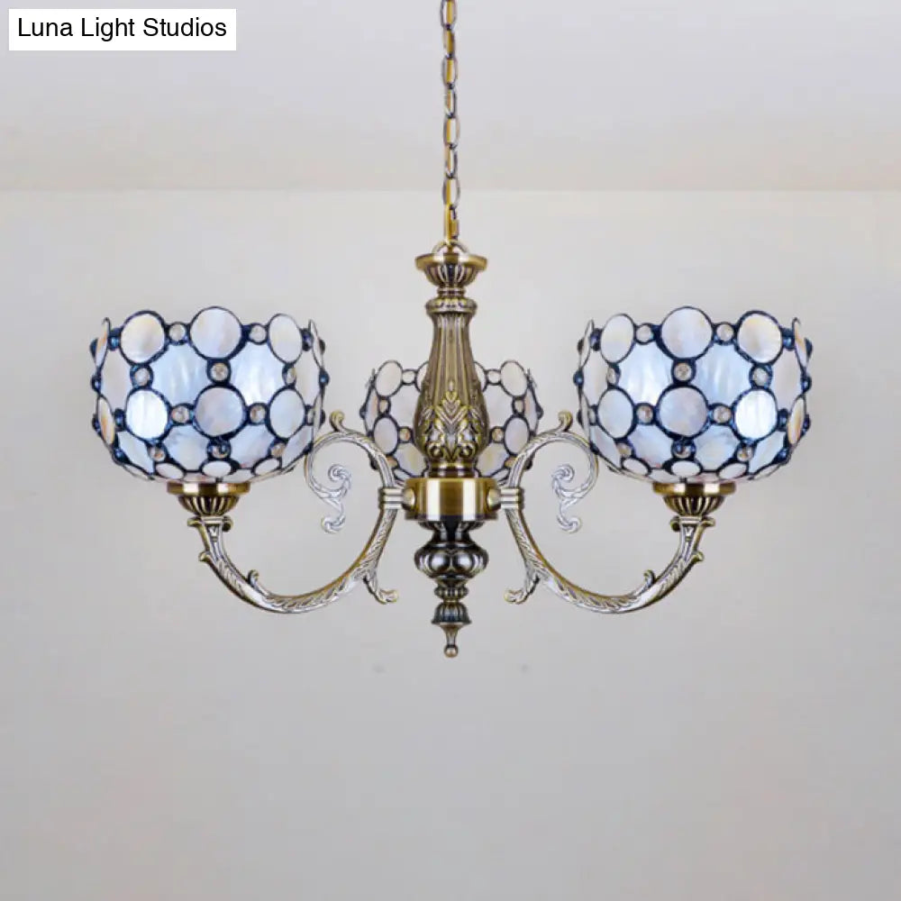 White Tiffany Style Stained Glass Chandelier- 3 Light Bowl Suspension For Living Room