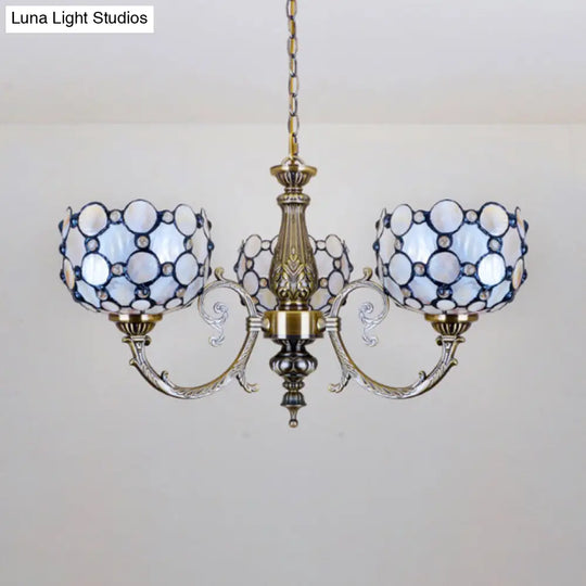 White Tiffany Style Stained Glass Chandelier- 3 Light Bowl Suspension For Living Room