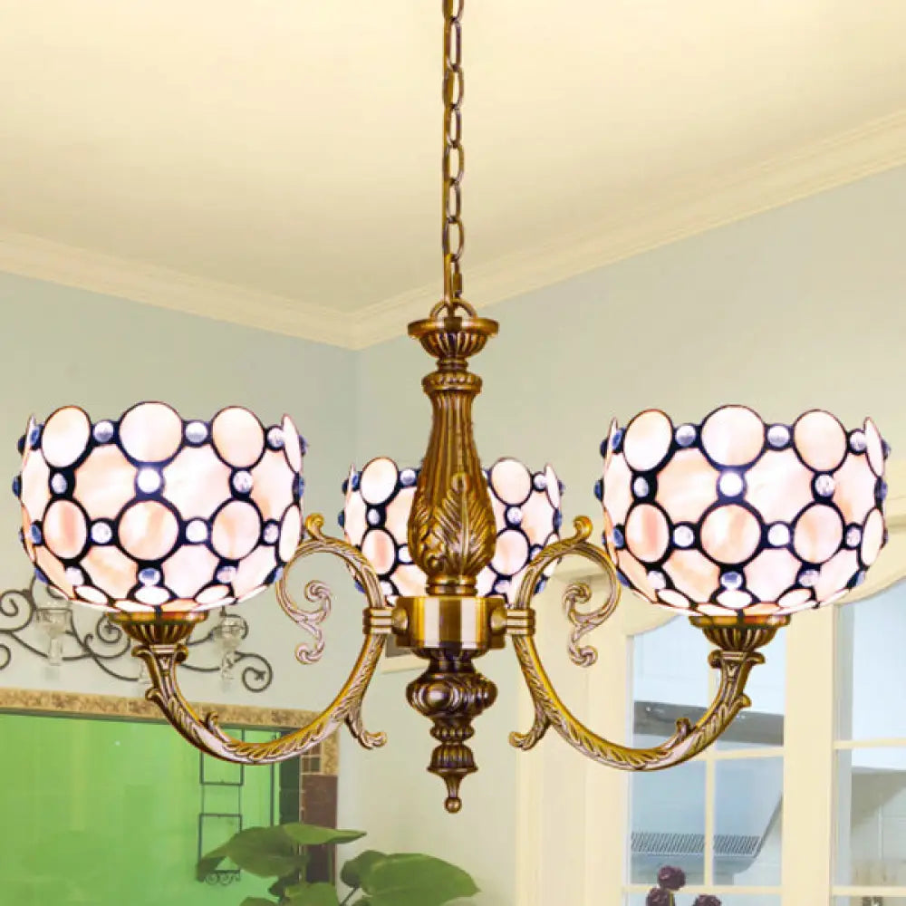 White Tiffany Style Stained Glass Chandelier- 3 Light Bowl Suspension For Living Room