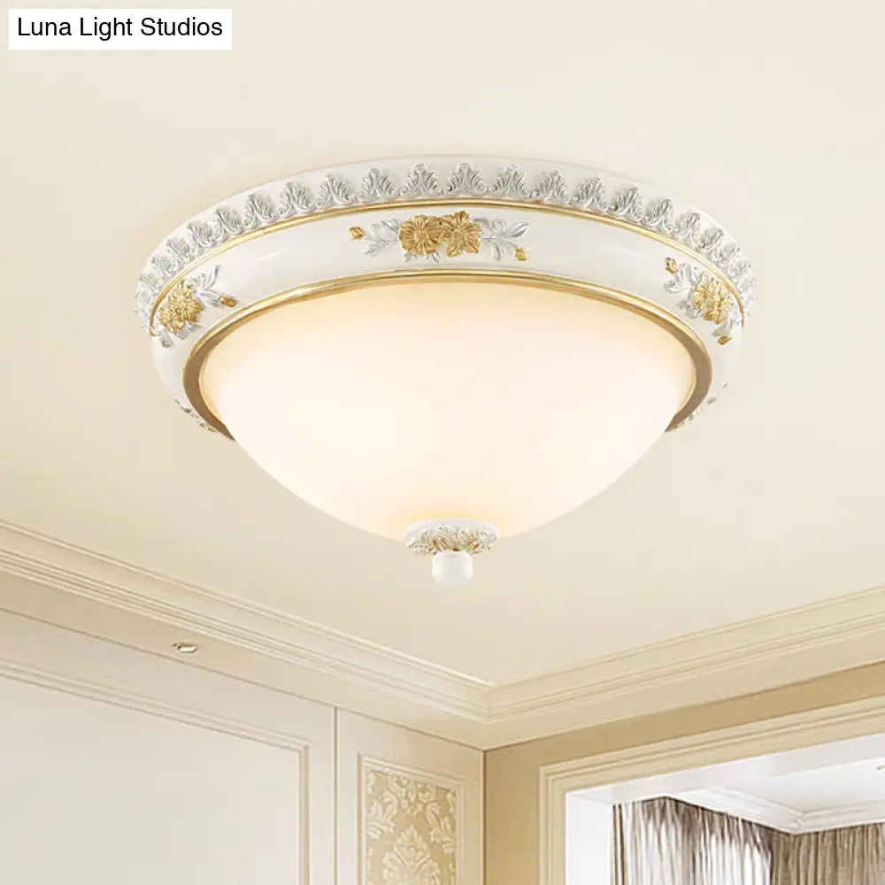 White Traditional Milk Glass Dome Ceiling Flushmount Lighting For Bedroom - 2/3 Heads