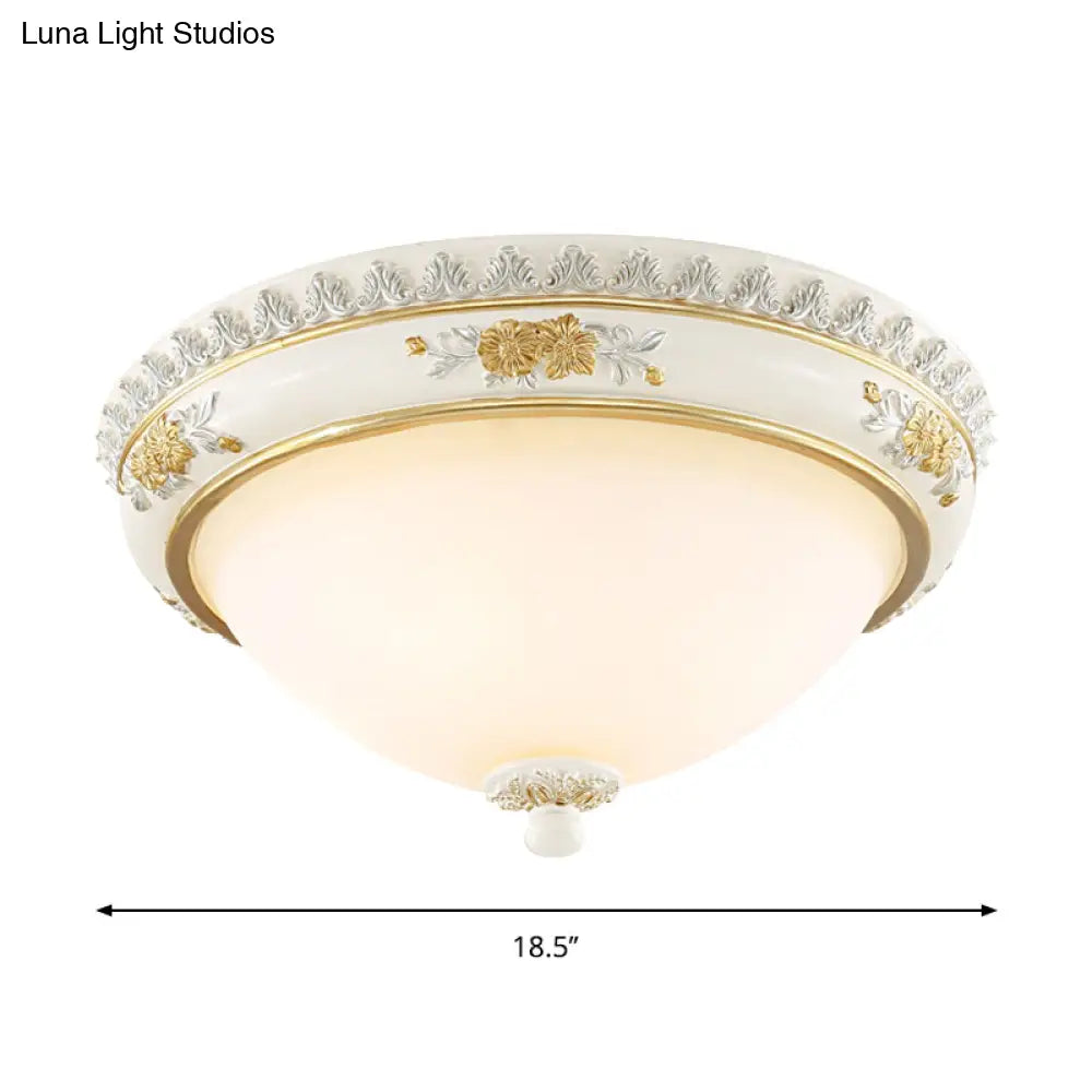 White Traditional Milk Glass Dome Ceiling Flushmount Lighting For Bedroom - 2/3 Heads