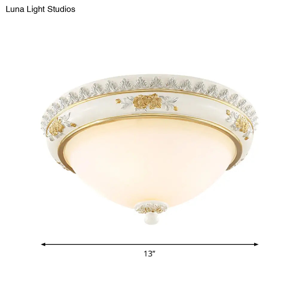 White Traditional Milk Glass Dome Ceiling Flushmount Lighting For Bedroom - 2/3 Heads